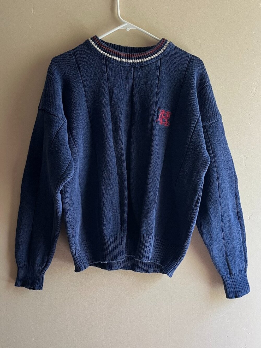 Hunt Club Blue Crewneck stripes logo sweater coastal preppy nautical winter ski